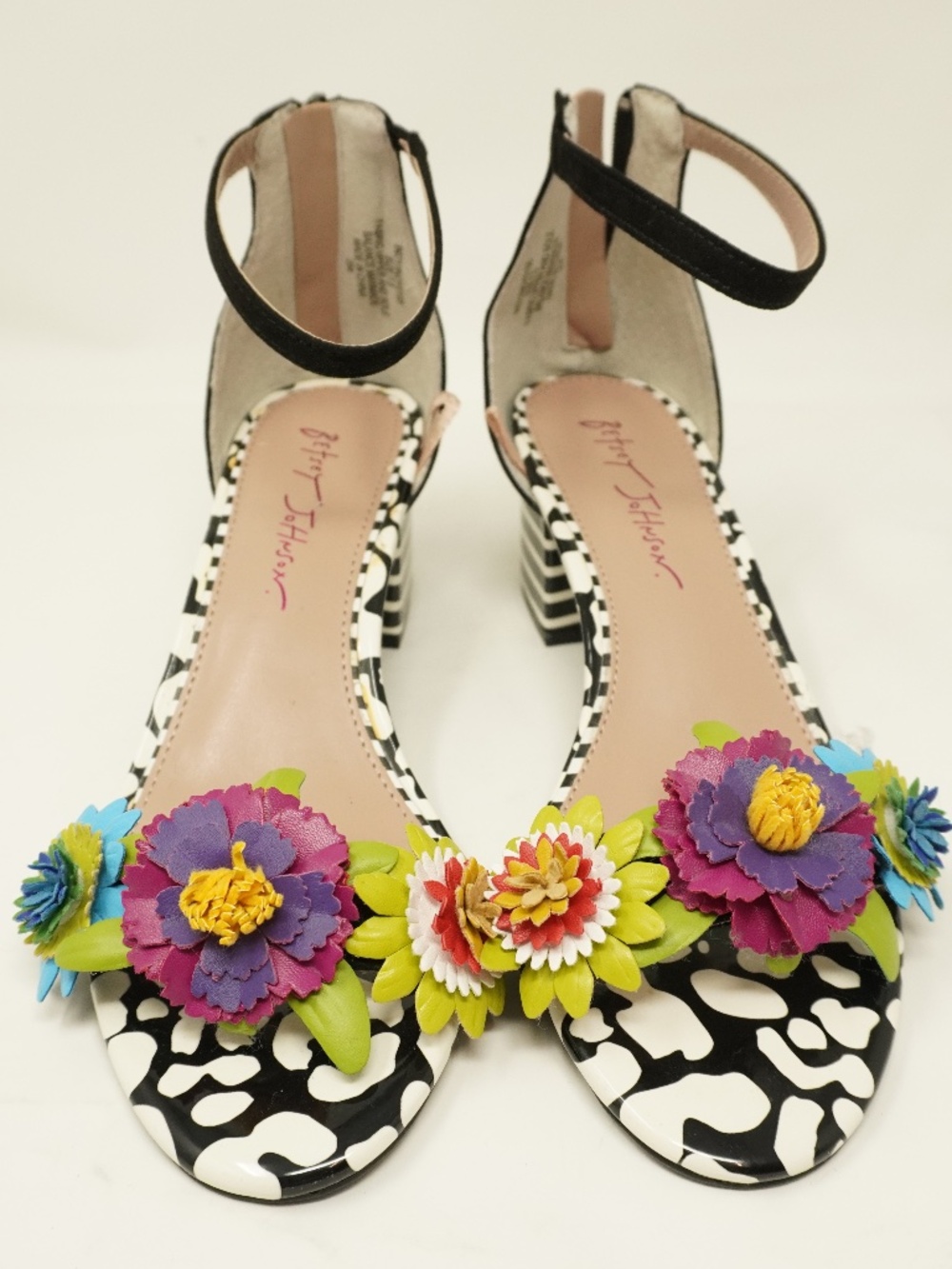 NEW Betsey Johnson Floral Striped Ankle Strap Heels Colorful, Size 7.5